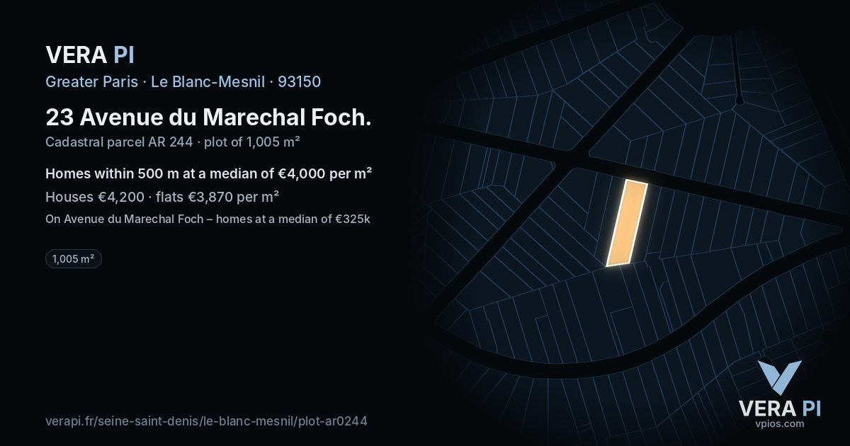 23 Avenue du Marechal Foch, Le Blanc-Mesnil at night – the plot lit, the parcels around coloured by the prices near them
