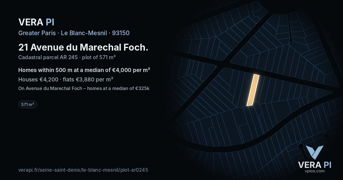 21 Avenue du Marechal Foch, Le Blanc-Mesnil at night – the plot lit, the parcels around coloured by the prices near them