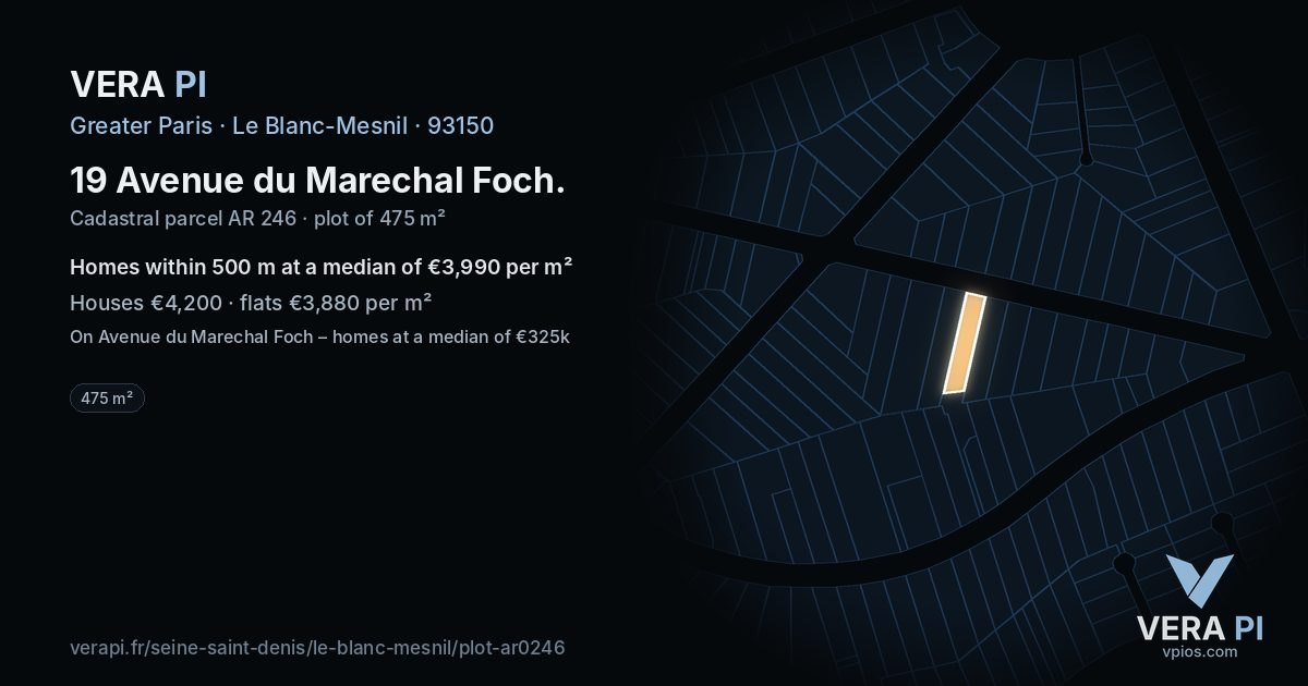 19 Avenue du Marechal Foch, Le Blanc-Mesnil at night – the plot lit, the parcels around coloured by the prices near them