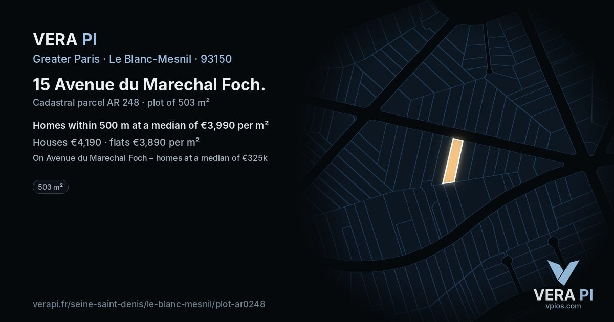15 Avenue du Marechal Foch, Le Blanc-Mesnil at night – the plot lit, the parcels around coloured by the prices near them