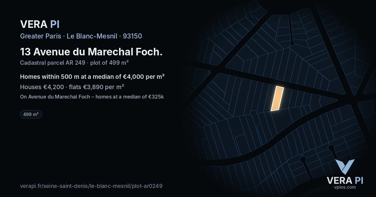 13 Avenue du Marechal Foch, Le Blanc-Mesnil at night – the plot lit, the parcels around coloured by the prices near them