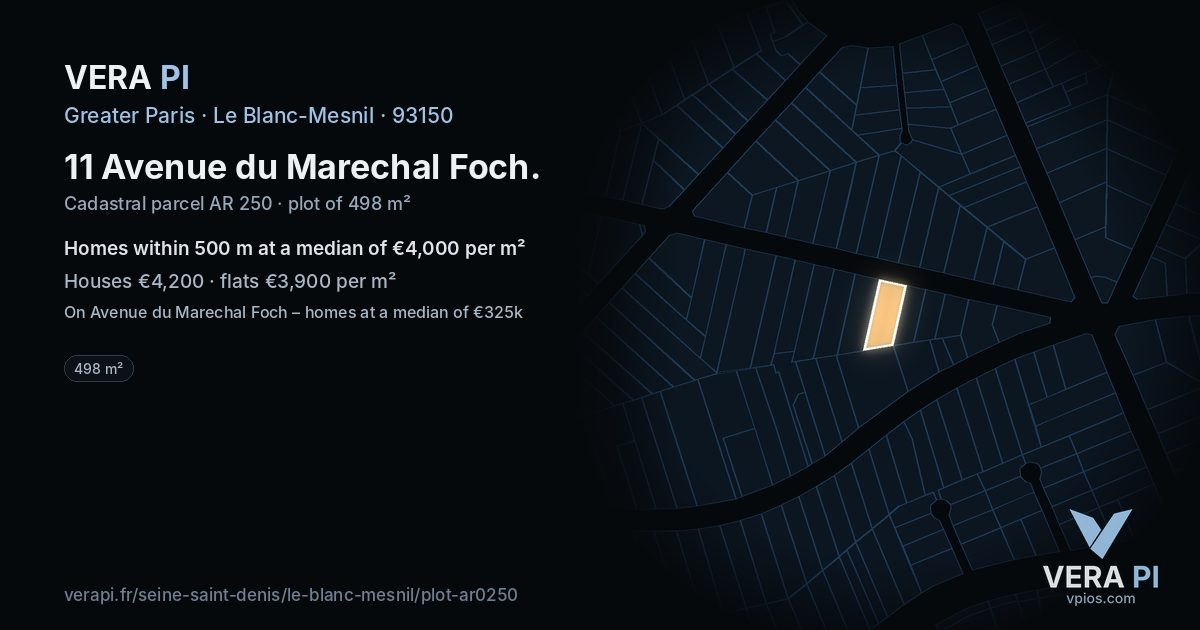 11 Avenue du Marechal Foch, Le Blanc-Mesnil at night – the plot lit, the parcels around coloured by the prices near them