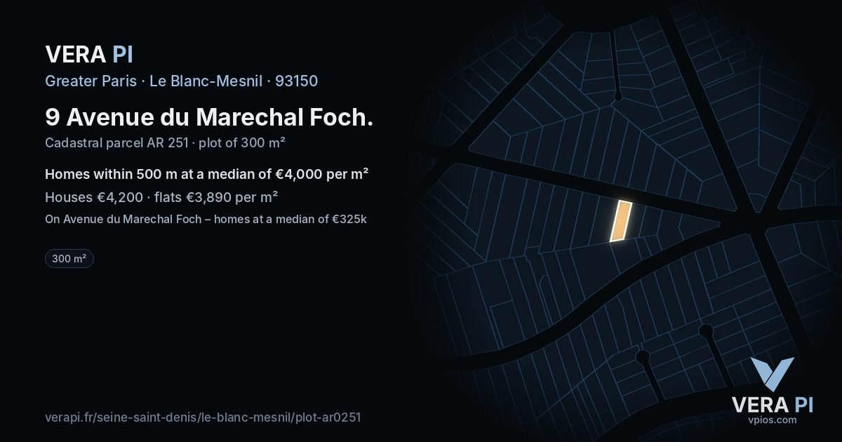 9 Avenue du Marechal Foch, Le Blanc-Mesnil at night – the plot lit, the parcels around coloured by the prices near them