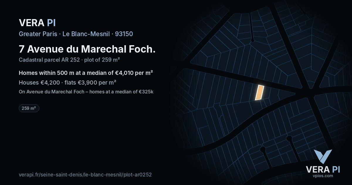 7 Avenue du Marechal Foch, Le Blanc-Mesnil at night – the plot lit, the parcels around coloured by the prices near them