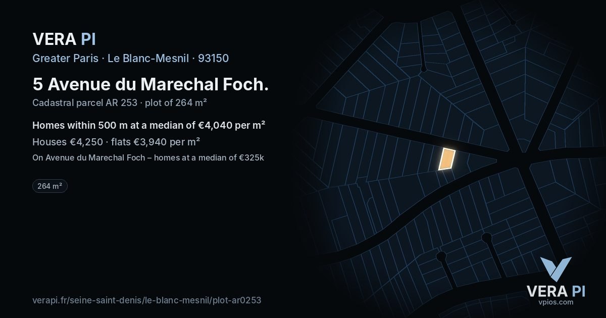 5 Avenue du Marechal Foch, Le Blanc-Mesnil at night – the plot lit, the parcels around coloured by the prices near them