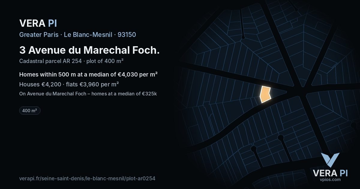 3 Avenue du Marechal Foch, Le Blanc-Mesnil at night – the plot lit, the parcels around coloured by the prices near them
