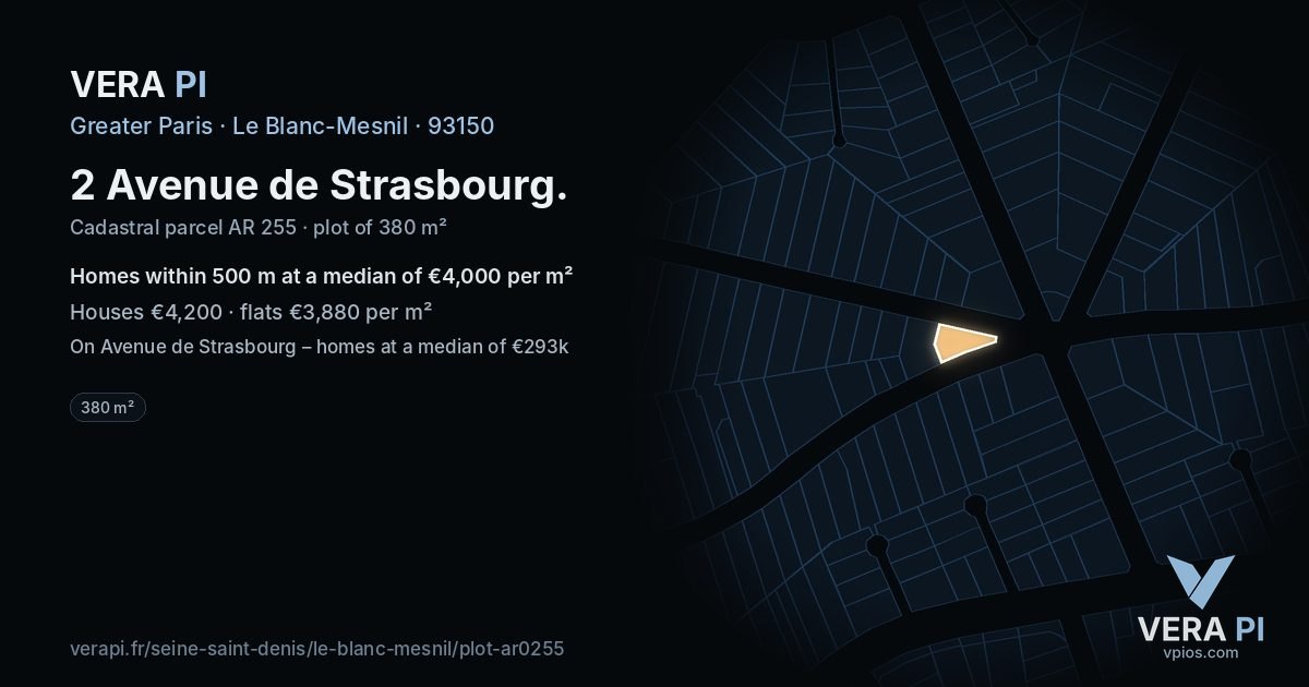 2 Avenue de Strasbourg, Le Blanc-Mesnil at night – the plot lit, the parcels around coloured by the prices near them