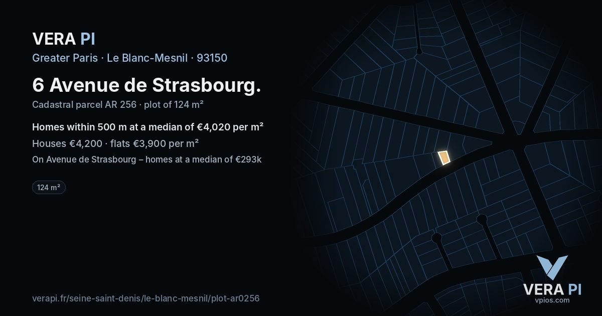6 Avenue de Strasbourg, Le Blanc-Mesnil at night – the plot lit, the parcels around coloured by the prices near them
