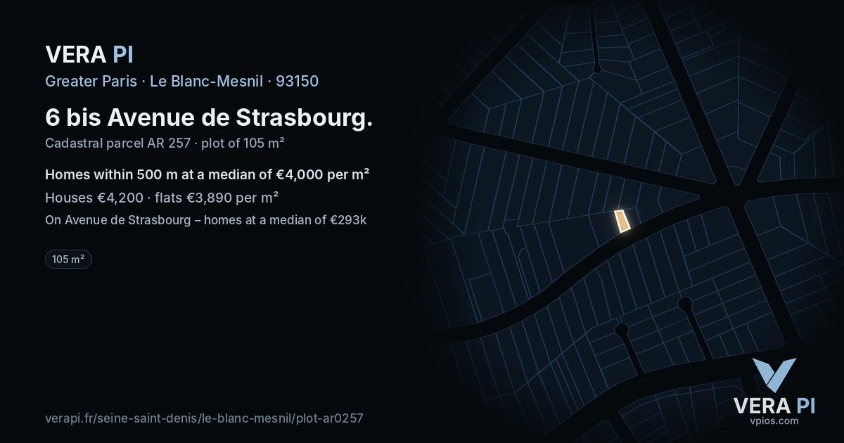 6 bis Avenue de Strasbourg, Le Blanc-Mesnil at night – the plot lit, the parcels around coloured by the prices near them