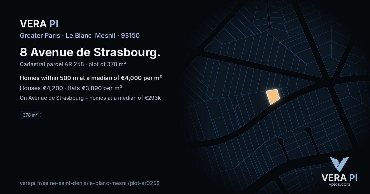 8 Avenue de Strasbourg, Le Blanc-Mesnil at night – the plot lit, the parcels around coloured by the prices near them