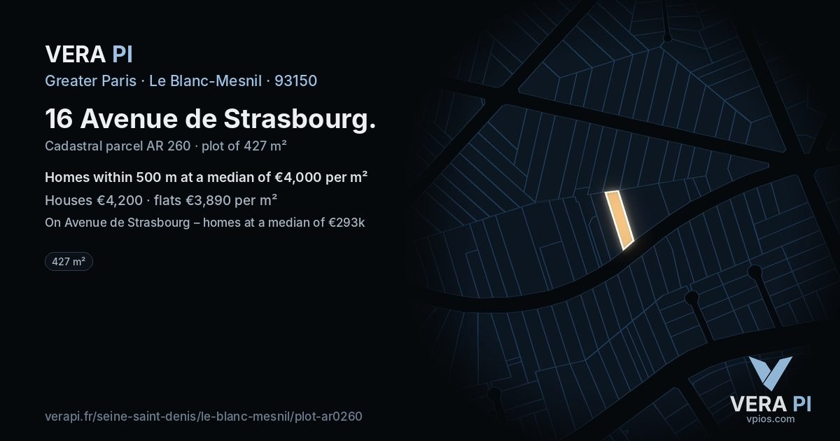 16 Avenue de Strasbourg, Le Blanc-Mesnil at night – the plot lit, the parcels around coloured by the prices near them