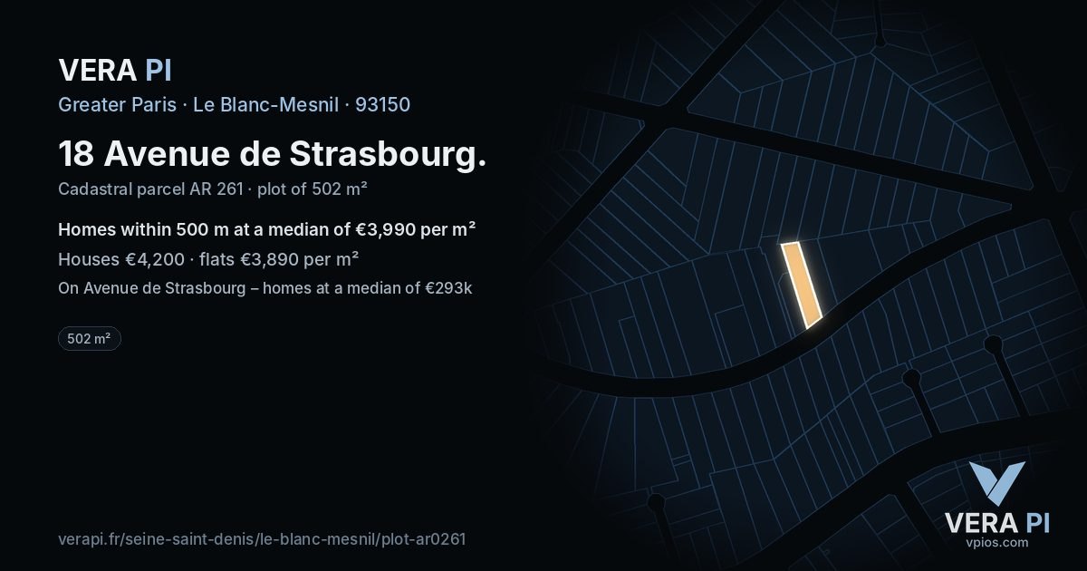 18 Avenue de Strasbourg, Le Blanc-Mesnil at night – the plot lit, the parcels around coloured by the prices near them