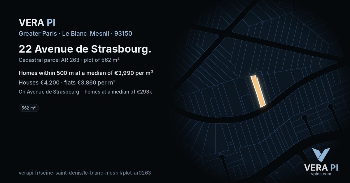 22 Avenue de Strasbourg, Le Blanc-Mesnil at night – the plot lit, the parcels around coloured by the prices near them