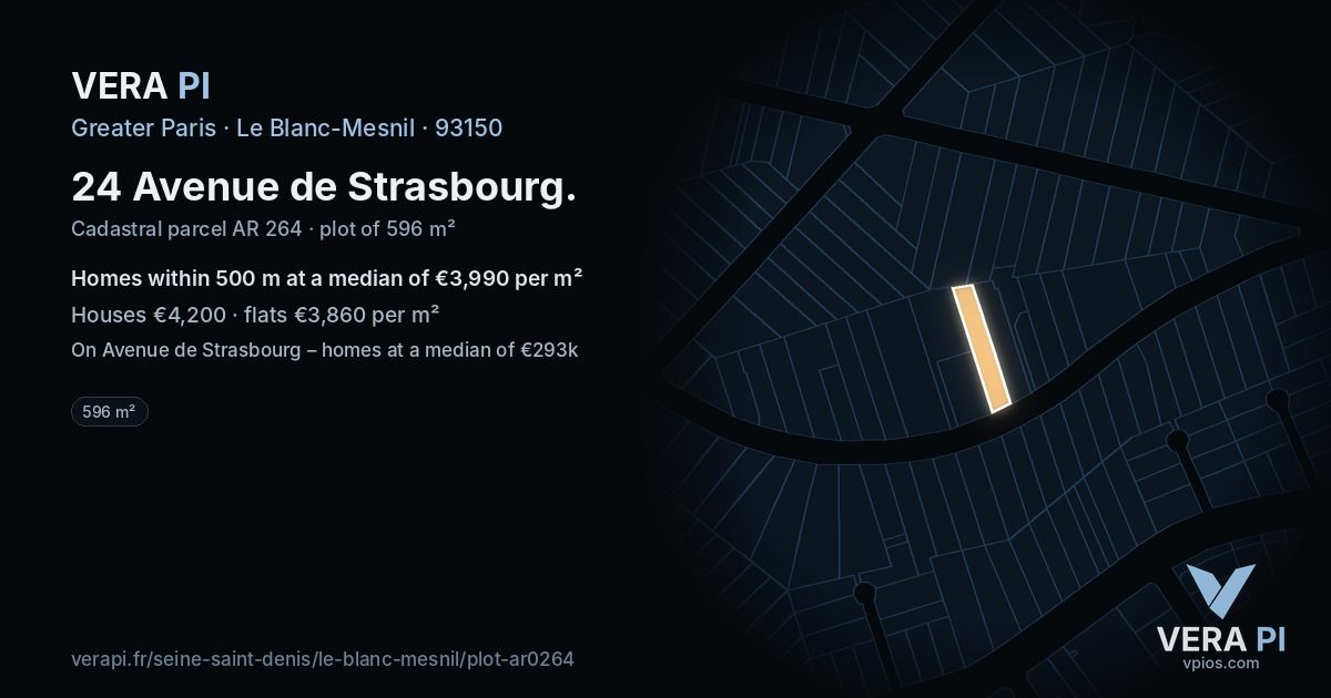 24 Avenue de Strasbourg, Le Blanc-Mesnil at night – the plot lit, the parcels around coloured by the prices near them