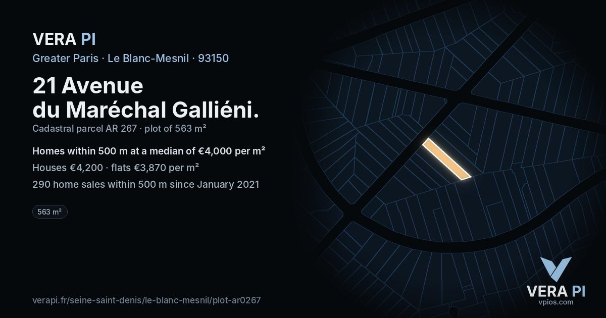 21 Avenue du Maréchal Galliéni, Le Blanc-Mesnil at night – the plot lit, the parcels around coloured by the prices near them