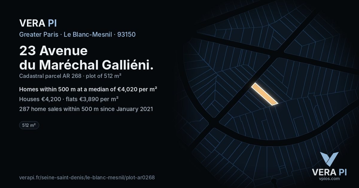 23 Avenue du Maréchal Galliéni, Le Blanc-Mesnil at night – the plot lit, the parcels around coloured by the prices near them