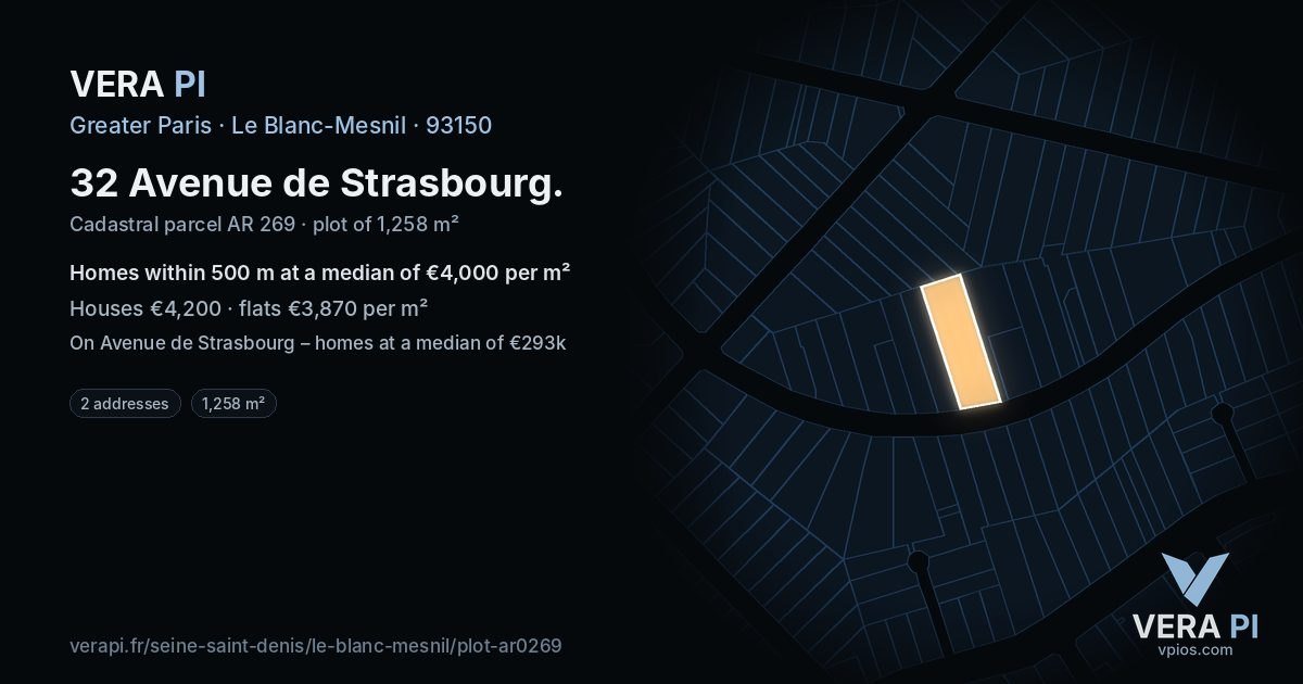 32 Avenue de Strasbourg, Le Blanc-Mesnil at night – the plot lit, the parcels around coloured by the prices near them