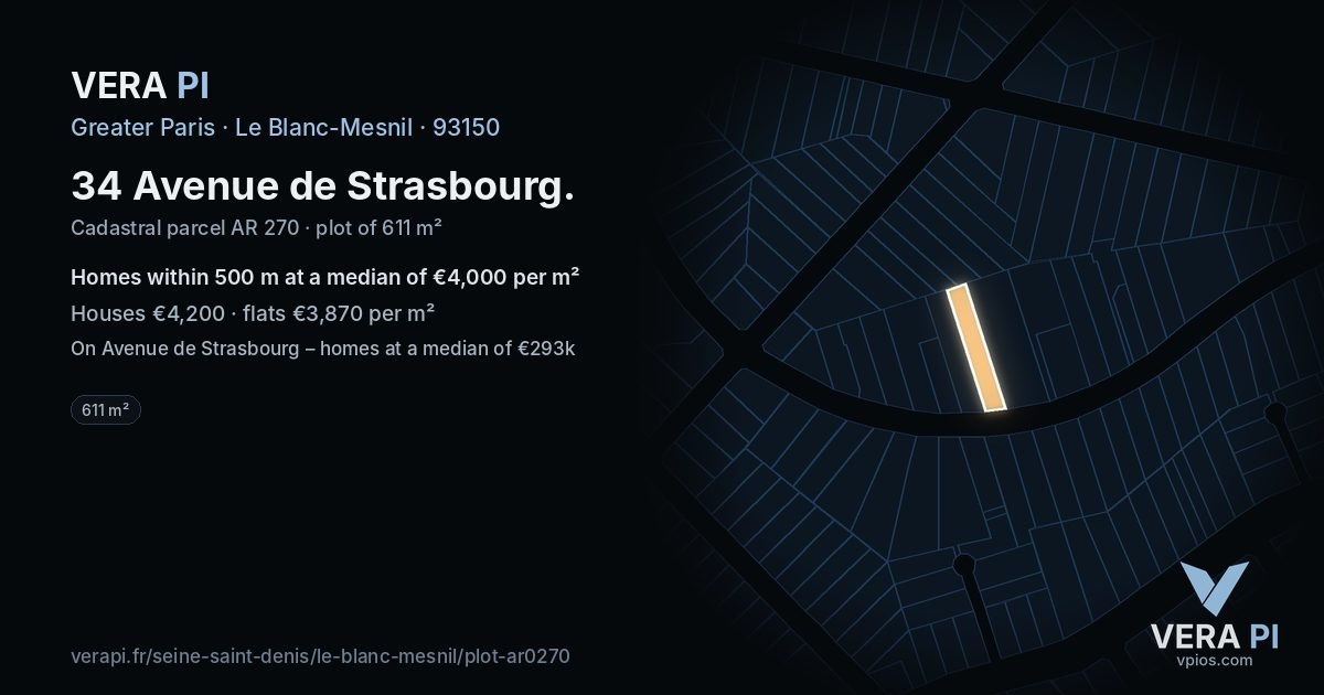 34 Avenue de Strasbourg, Le Blanc-Mesnil at night – the plot lit, the parcels around coloured by the prices near them