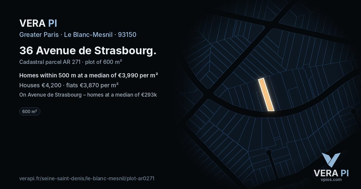 36 Avenue de Strasbourg, Le Blanc-Mesnil at night – the plot lit, the parcels around coloured by the prices near them