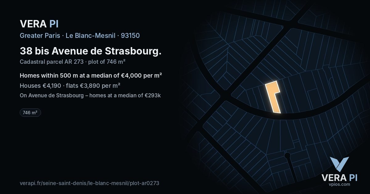 38 bis Avenue de Strasbourg, Le Blanc-Mesnil at night – the plot lit, the parcels around coloured by the prices near them