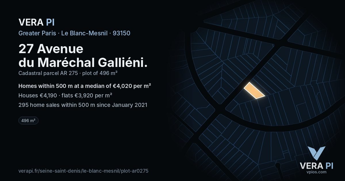 27 Avenue du Maréchal Galliéni, Le Blanc-Mesnil at night – the plot lit, the parcels around coloured by the prices near them