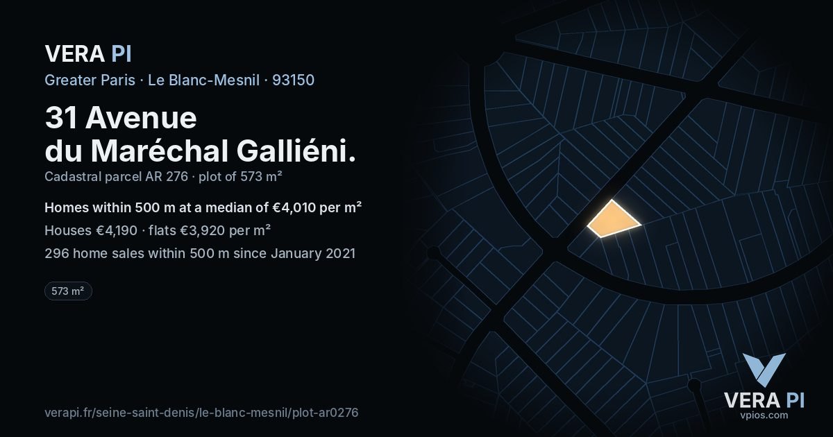 31 Avenue du Maréchal Galliéni, Le Blanc-Mesnil at night – the plot lit, the parcels around coloured by the prices near them