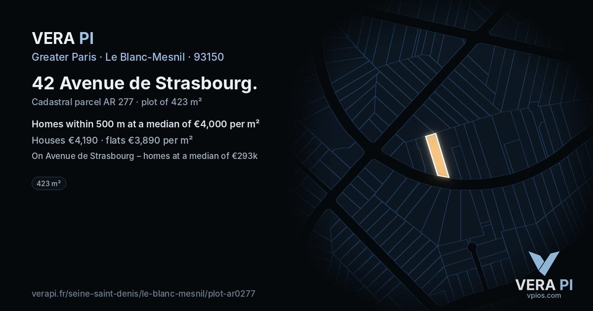 42 Avenue de Strasbourg, Le Blanc-Mesnil at night – the plot lit, the parcels around coloured by the prices near them
