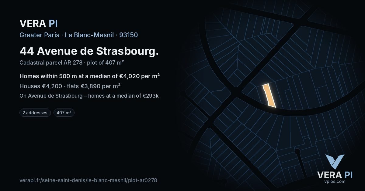 44 Avenue de Strasbourg, Le Blanc-Mesnil at night – the plot lit, the parcels around coloured by the prices near them
