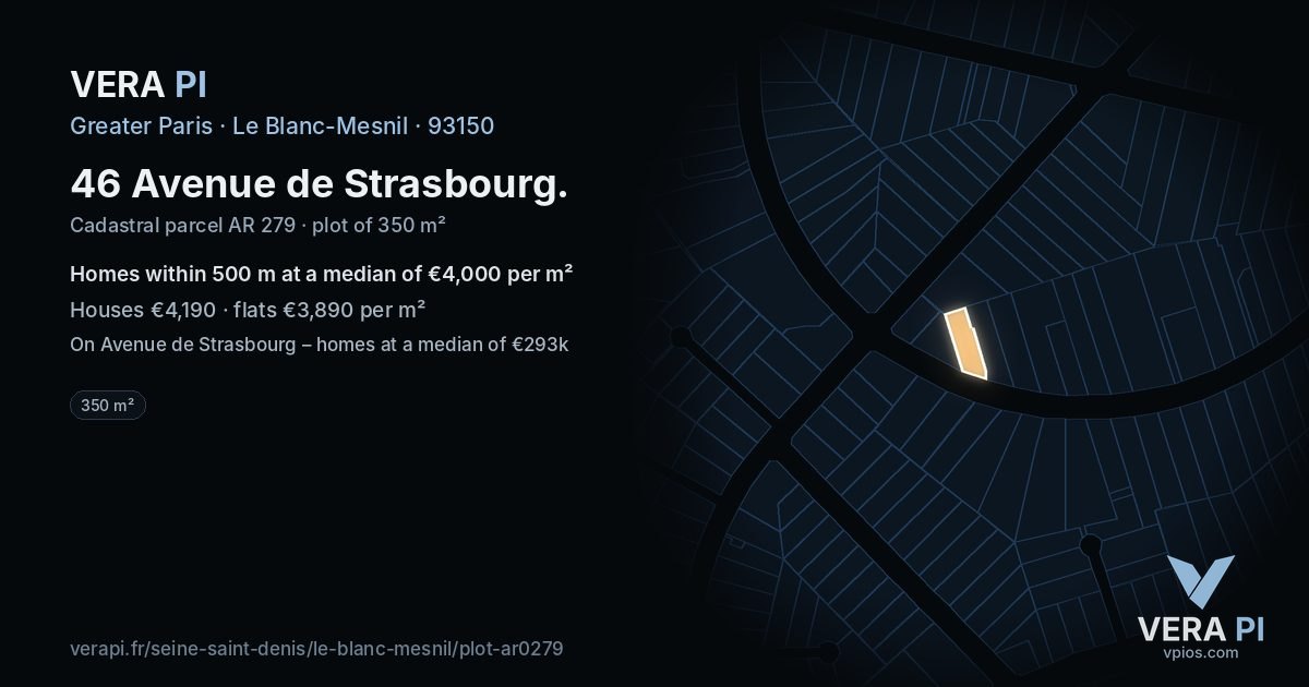 46 Avenue de Strasbourg, Le Blanc-Mesnil at night – the plot lit, the parcels around coloured by the prices near them