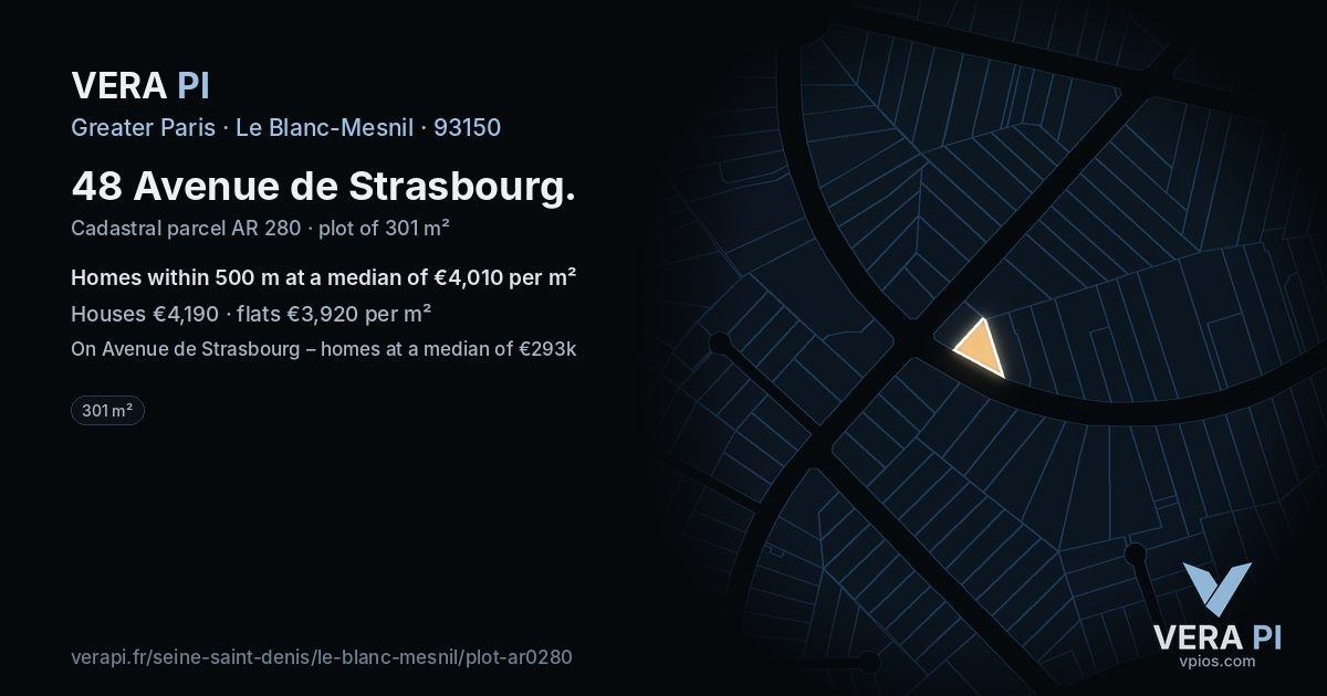 48 Avenue de Strasbourg, Le Blanc-Mesnil at night – the plot lit, the parcels around coloured by the prices near them