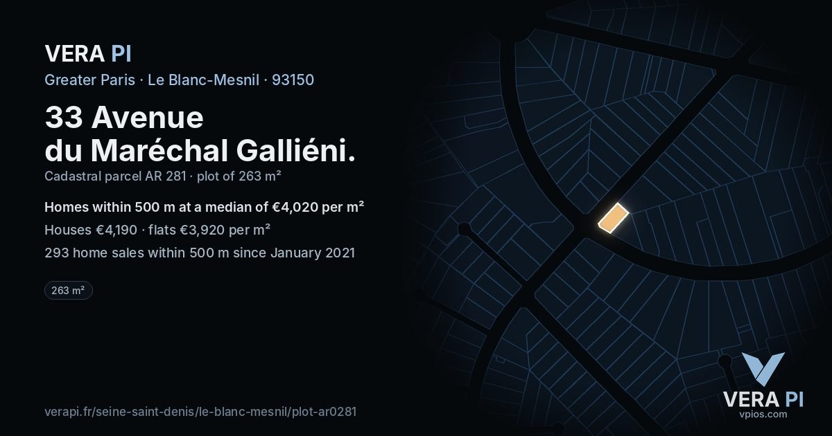 33 Avenue du Maréchal Galliéni, Le Blanc-Mesnil at night – the plot lit, the parcels around coloured by the prices near them