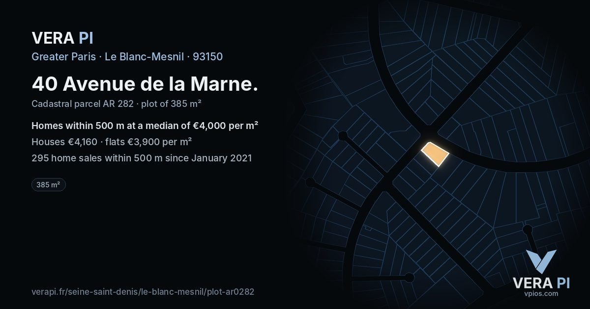 40 Avenue de la Marne, Le Blanc-Mesnil at night – the plot lit, the parcels around coloured by the prices near them