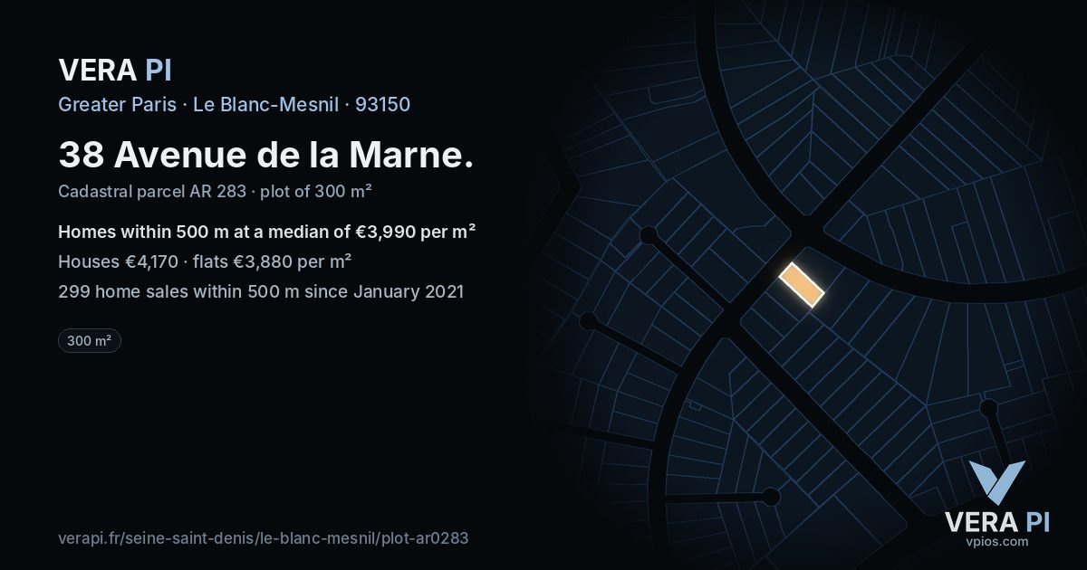 38 Avenue de la Marne, Le Blanc-Mesnil at night – the plot lit, the parcels around coloured by the prices near them