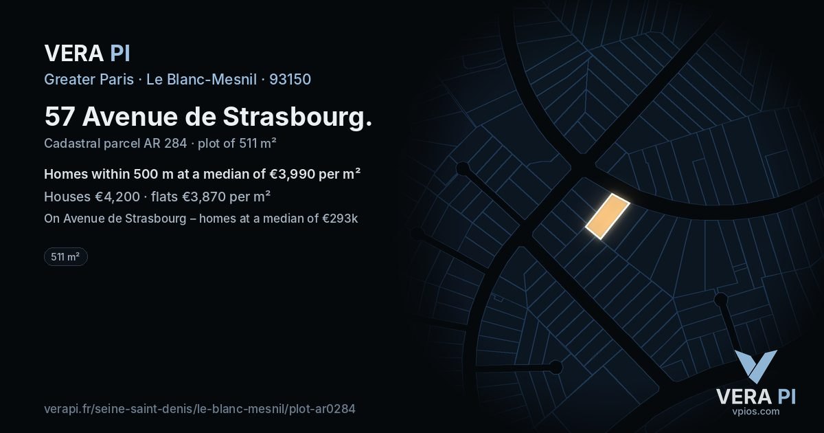 57 Avenue de Strasbourg, Le Blanc-Mesnil at night – the plot lit, the parcels around coloured by the prices near them