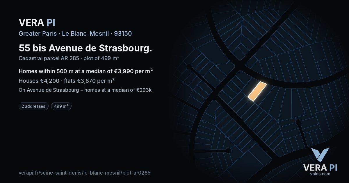 55 bis Avenue de Strasbourg, Le Blanc-Mesnil at night – the plot lit, the parcels around coloured by the prices near them