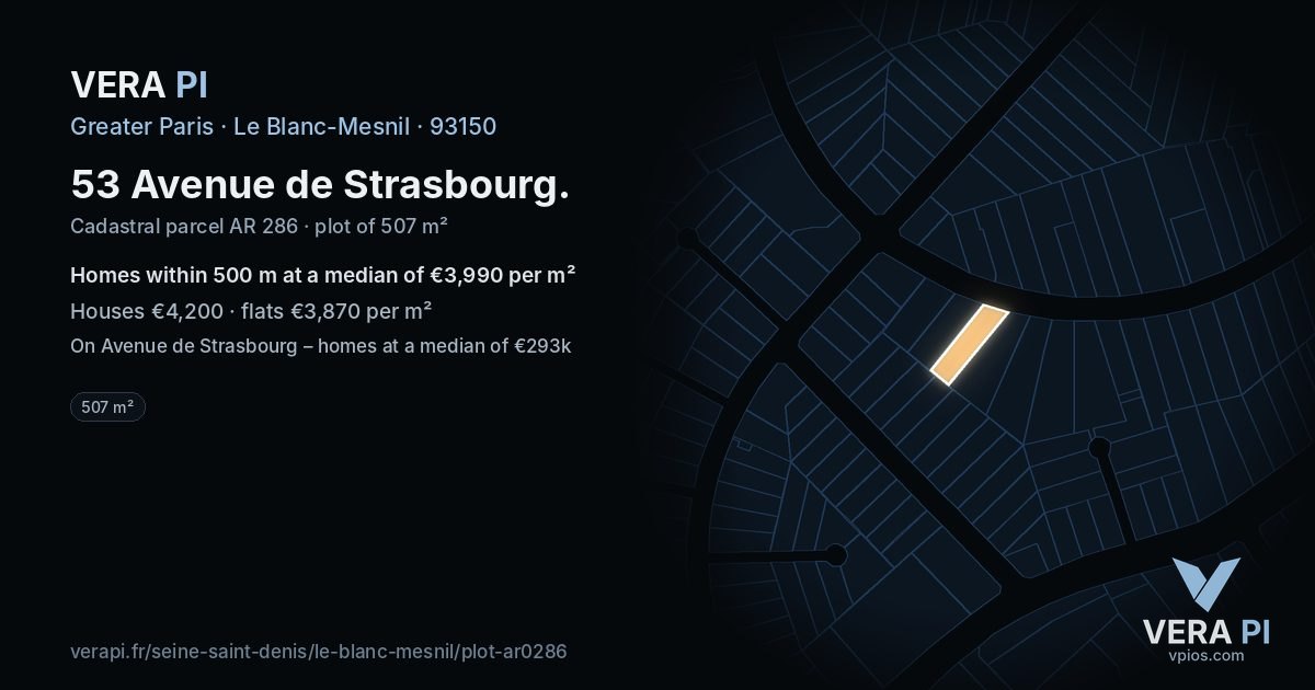 53 Avenue de Strasbourg, Le Blanc-Mesnil at night – the plot lit, the parcels around coloured by the prices near them