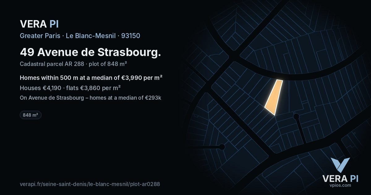 49 Avenue de Strasbourg, Le Blanc-Mesnil at night – the plot lit, the parcels around coloured by the prices near them