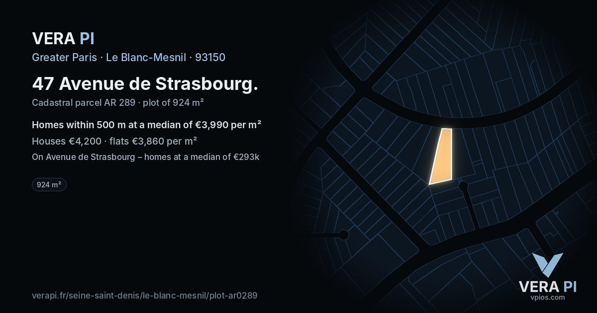 47 Avenue de Strasbourg, Le Blanc-Mesnil at night – the plot lit, the parcels around coloured by the prices near them