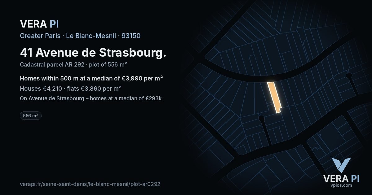 41 Avenue de Strasbourg, Le Blanc-Mesnil at night – the plot lit, the parcels around coloured by the prices near them