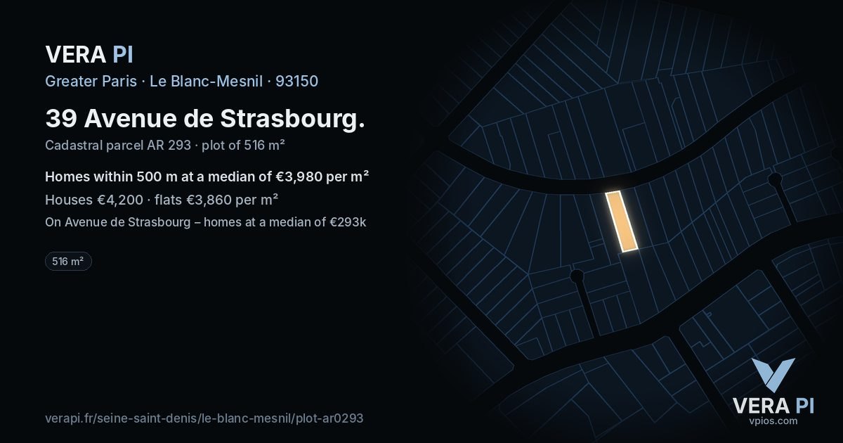 39 Avenue de Strasbourg, Le Blanc-Mesnil at night – the plot lit, the parcels around coloured by the prices near them