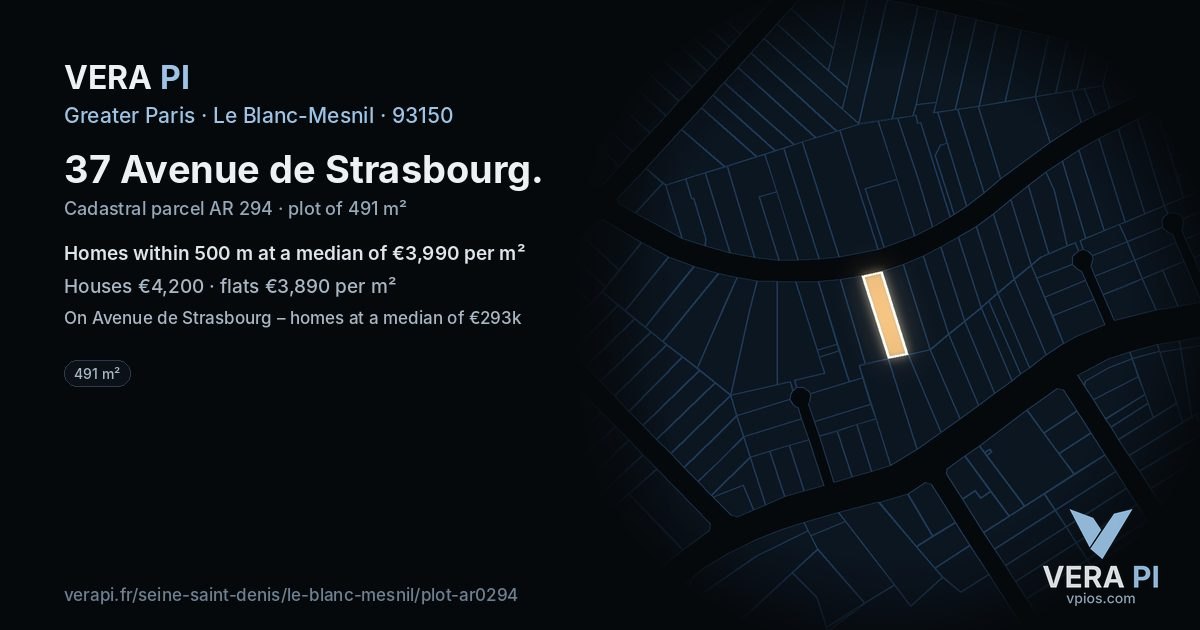 37 Avenue de Strasbourg, Le Blanc-Mesnil at night – the plot lit, the parcels around coloured by the prices near them