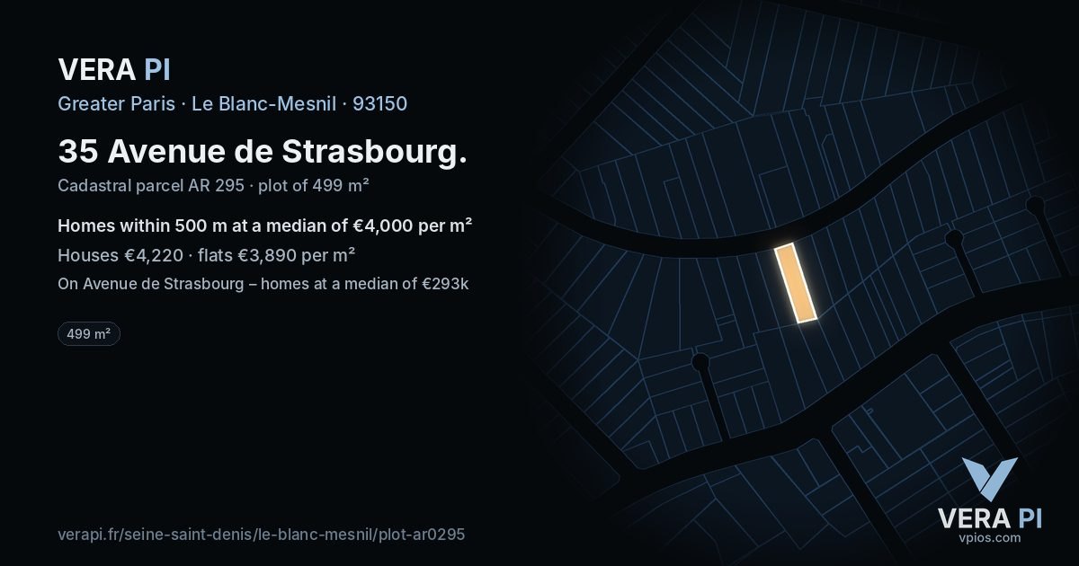 35 Avenue de Strasbourg, Le Blanc-Mesnil at night – the plot lit, the parcels around coloured by the prices near them