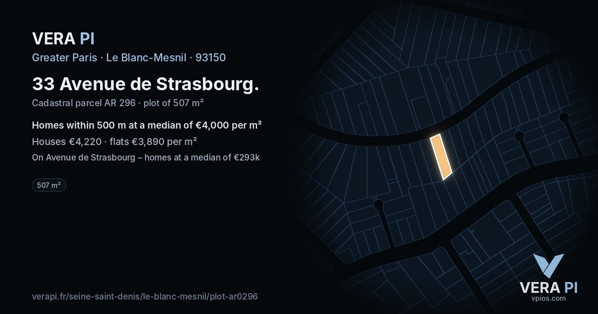 33 Avenue de Strasbourg, Le Blanc-Mesnil at night – the plot lit, the parcels around coloured by the prices near them