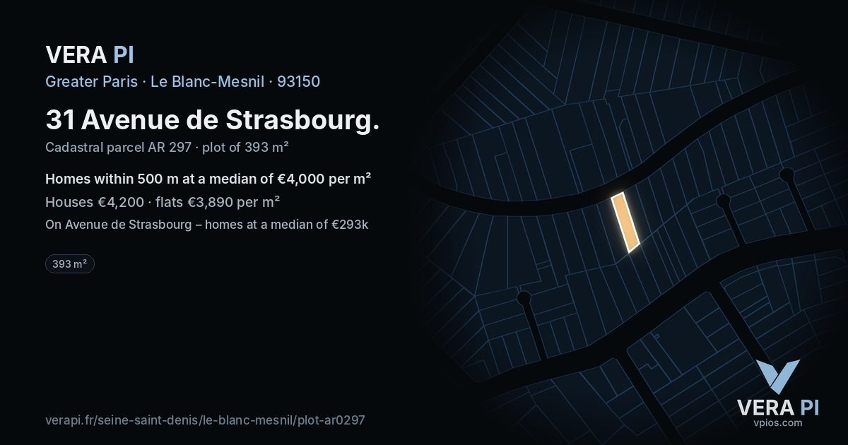 31 Avenue de Strasbourg, Le Blanc-Mesnil at night – the plot lit, the parcels around coloured by the prices near them