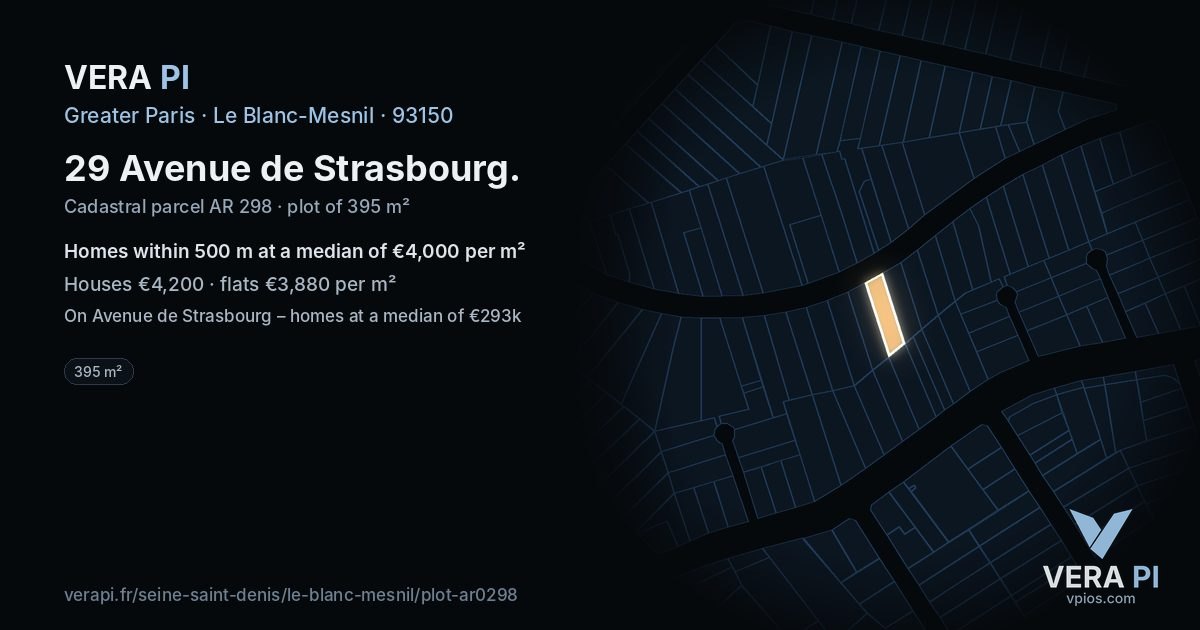 29 Avenue de Strasbourg, Le Blanc-Mesnil at night – the plot lit, the parcels around coloured by the prices near them