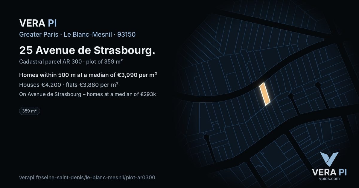 25 Avenue de Strasbourg, Le Blanc-Mesnil at night – the plot lit, the parcels around coloured by the prices near them