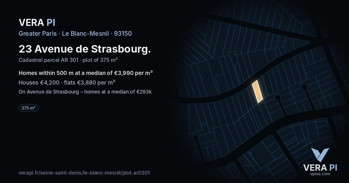 23 Avenue de Strasbourg, Le Blanc-Mesnil at night – the plot lit, the parcels around coloured by the prices near them