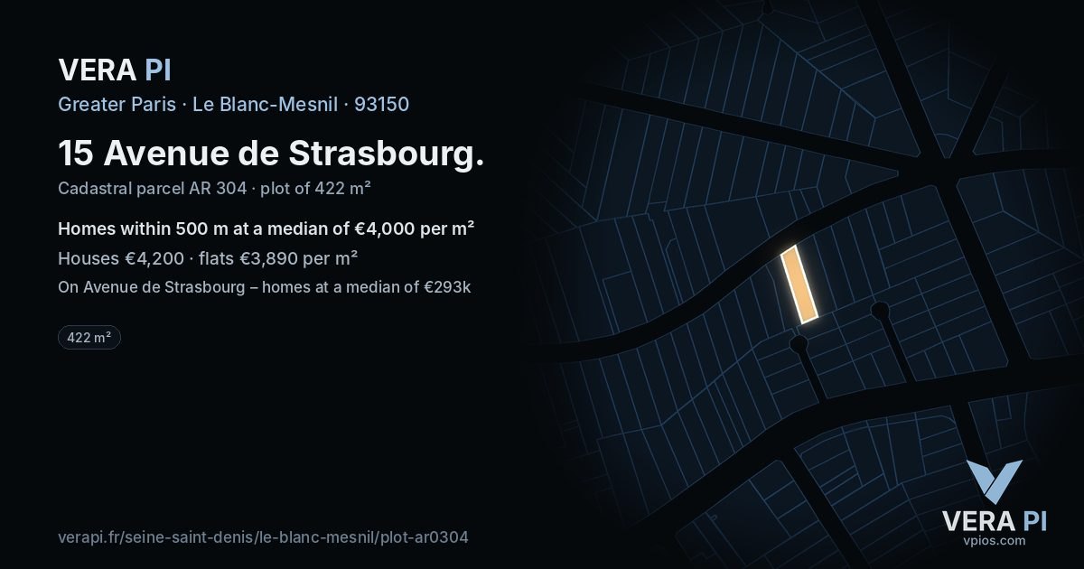 15 Avenue de Strasbourg, Le Blanc-Mesnil at night – the plot lit, the parcels around coloured by the prices near them