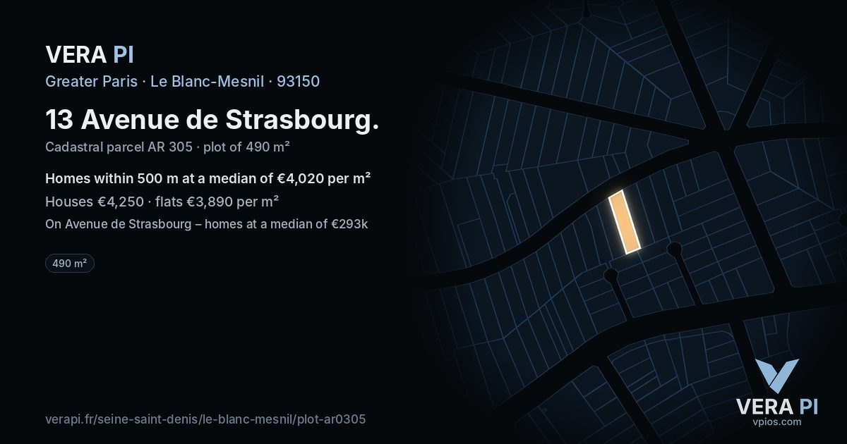 13 Avenue de Strasbourg, Le Blanc-Mesnil at night – the plot lit, the parcels around coloured by the prices near them
