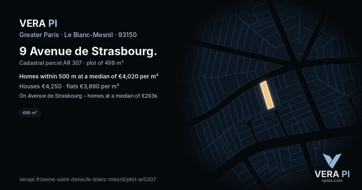 9 Avenue de Strasbourg, Le Blanc-Mesnil at night – the plot lit, the parcels around coloured by the prices near them